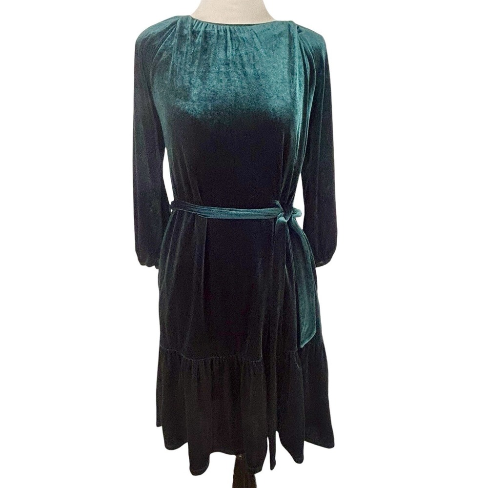 DRAPER JAMES RSVP Green Velvet Knit DRESS XS Tunic Christmas Bow Ruffle Holiday